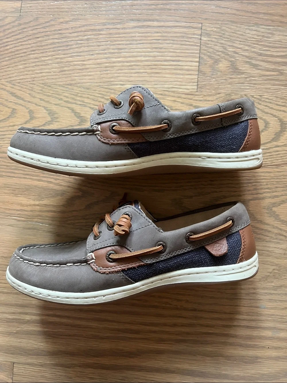 Women’s Sperry Taupe and Navy Boat Shoes with Brown Leather Accents